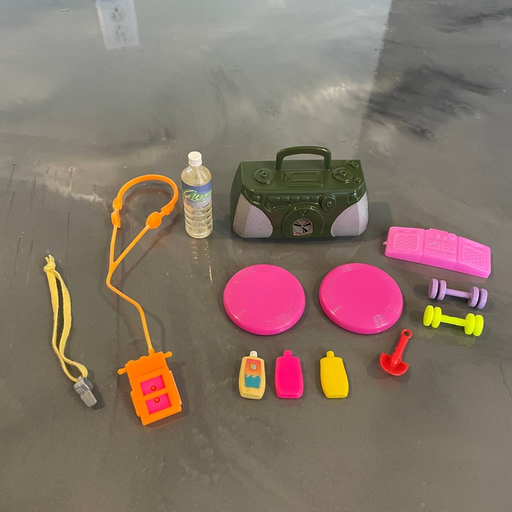VTG Barbie Fitness Beach Accessories Lot Walkman Boombox Dumbbells Sunscreen